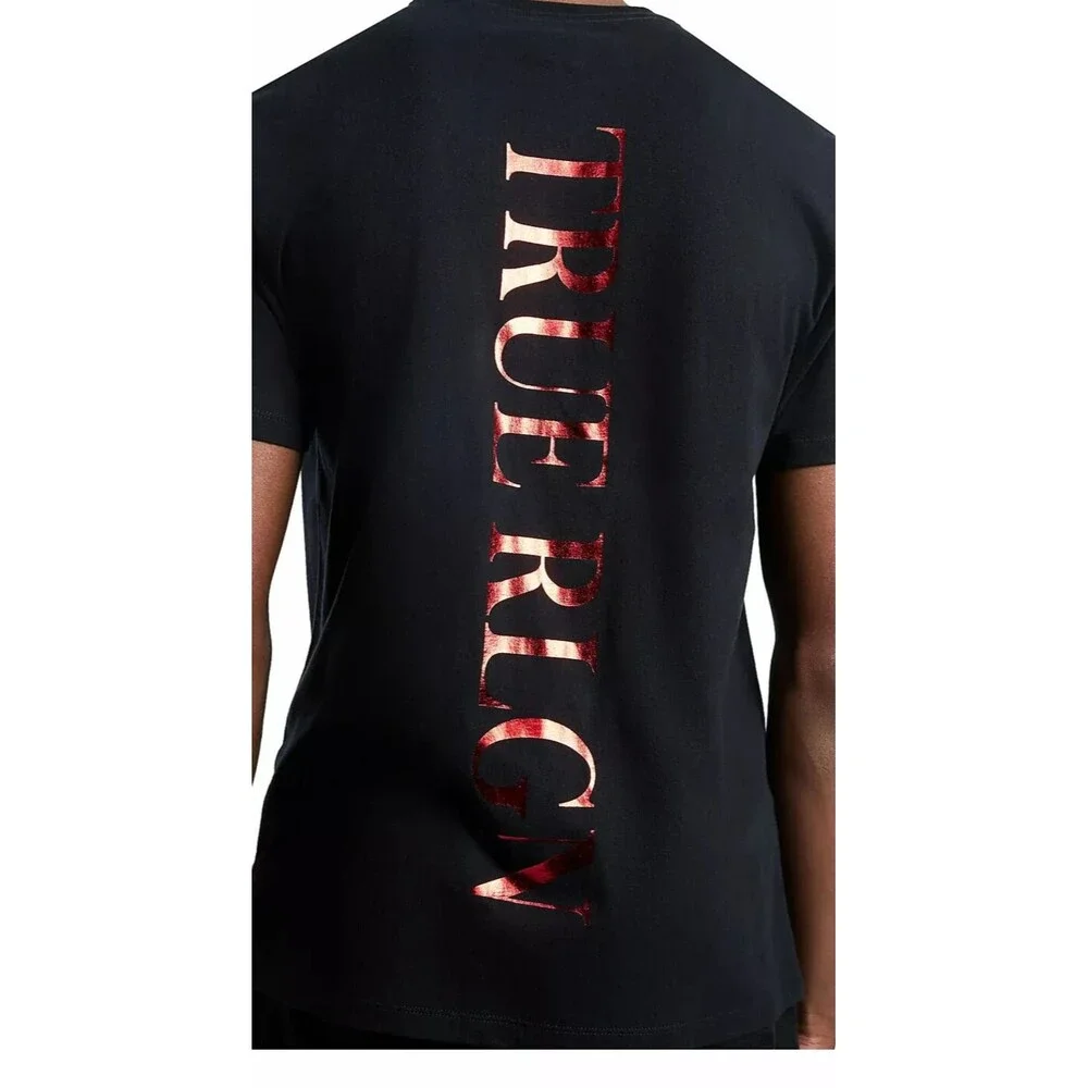 Men's True Religion BACK Red Metallic Logo Print Black T-Shirt Size S